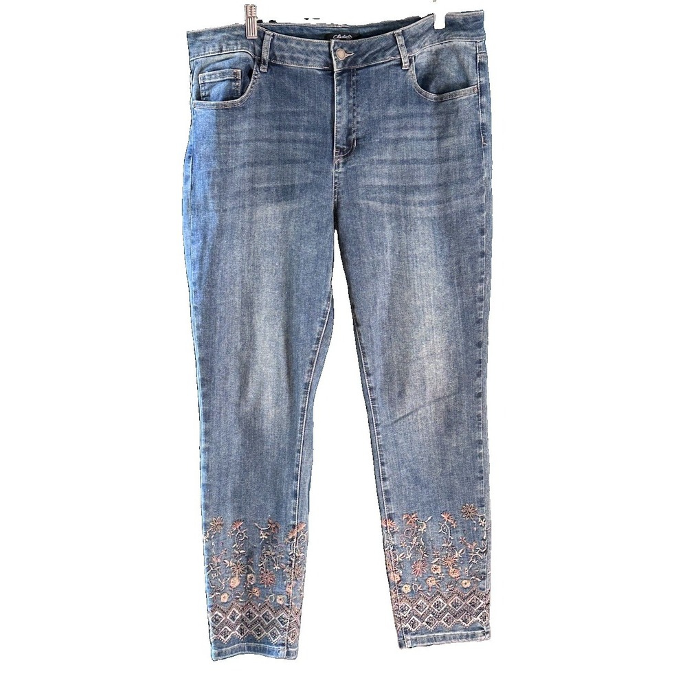 Charlie B Embroidered Hem Slim Leg Stretch Jeans 16 Med Blue Rhinestone Western